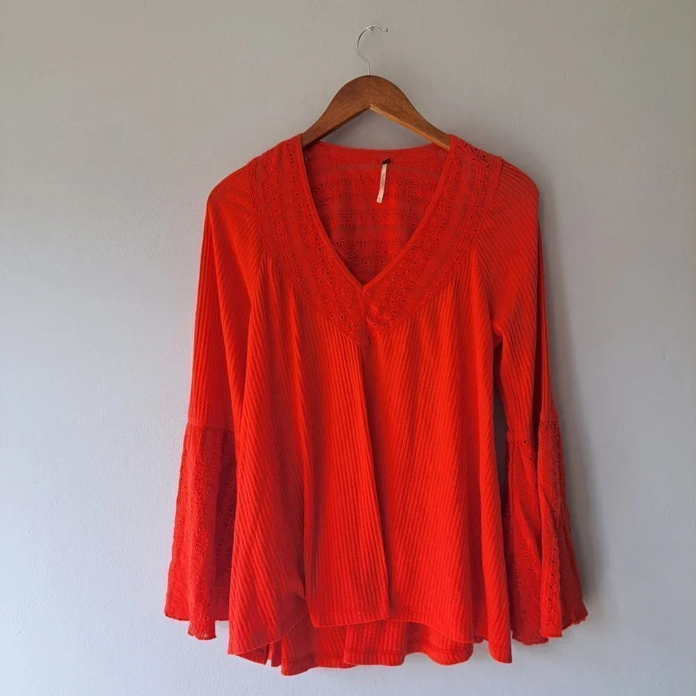 Free People Bright Orange Bell Sleeve V-Neck Top